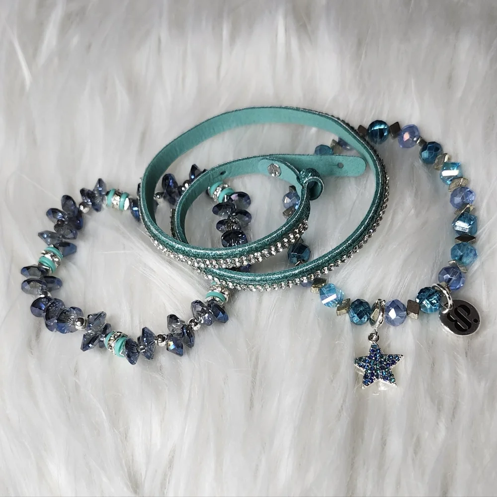 3 Bracelet set Noel, Noel Blue Aqua Turquoise Bling Sparkle Stars Holiday - Picture 3 of 5